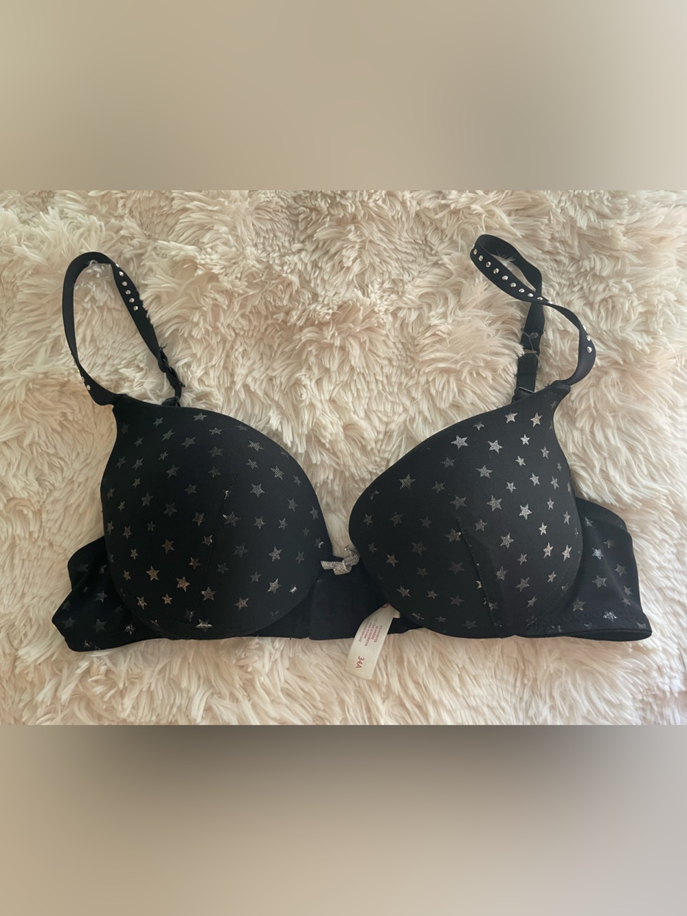 SO Y2K Black Bra with Silver Star Print and Studded Straps
